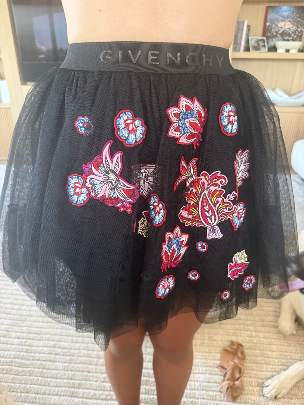 Givenchy Black Tulle Skirt with Pink & Blue Floral Embroidery